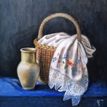 Still life, basket with a towel and a pitcher, (50x50cm)