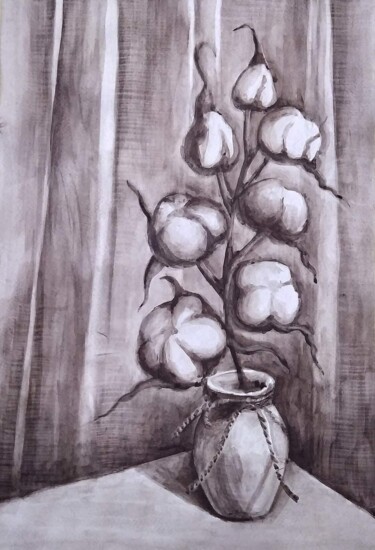 Cotton sprig,  cotton in a vase,  picture with twig